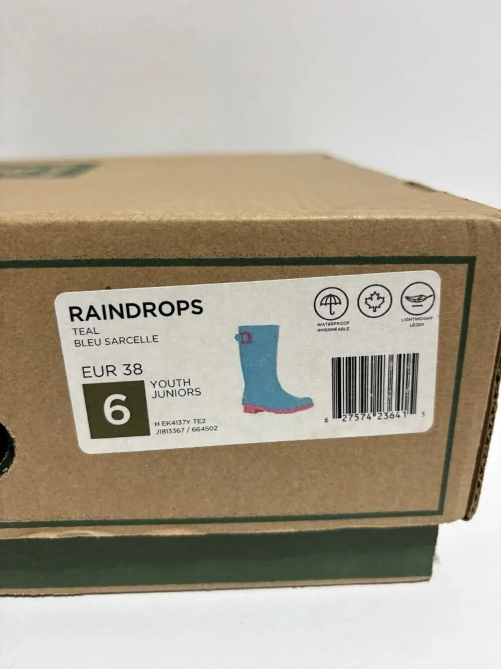 Kamik Youth Raindrops Teal Blue Rain Boots, Girls’ Size 6 M